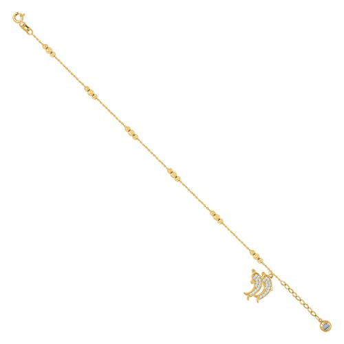 10K Yellow Gold Womens Cz Cubic Zirconia Simulated Diamond Jumping Dolphins Beaded Charm Pendant Necklace 8 Inch Bracelet Measures 14.8X12.4Mm Wide Jewelry Gifts For Women #TOP1