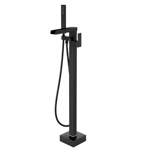 WOTZOV Grifo de bañera en Cascada de Alto caudal, Grifo de bañera Independiente, Grifo de baño Monomando de latón con Ducha de Mano, Grifo de baño con Ducha de Mano, Grifo de baño Negro Mate