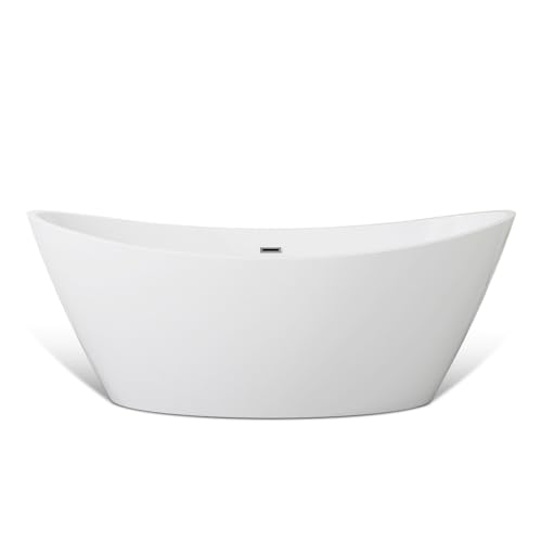 Empava Contemporary 67 Inch Luxury Freestanding Bathtub Acrylic Soaking SPA Tub Contemporary Design with Brushed Nickel Overflow and Drain