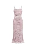 GORGLITTER Women's Summer Floral Ruched Bodycon Midi Dress Sleeveless Mesh Long Cami Cute Dresses Light Pink L