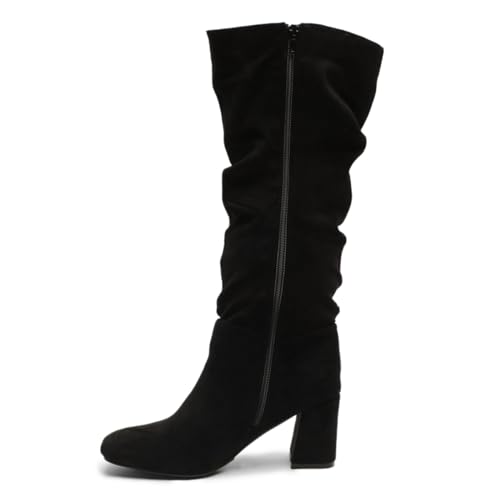 Milooey shoes Women's Slouchy Chunky Mid Heel Wide Calf Boots Fashion Square Toe Knee High Boots Side Zipper Fall Winter Ladies Shoes Size 4-16 Us3