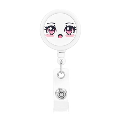 Wynrib かわいいピンクのアニメの目 リールキーホルダー 吊り下げ名札用リール リールストラップ 名札ホルダー 伸縮キーホルダー バッジリール 引き込み式 社員証/定期入れ/パスケース用 胸に固定 紛失防止 かわいい 誕生日 クリスマスプレゼント