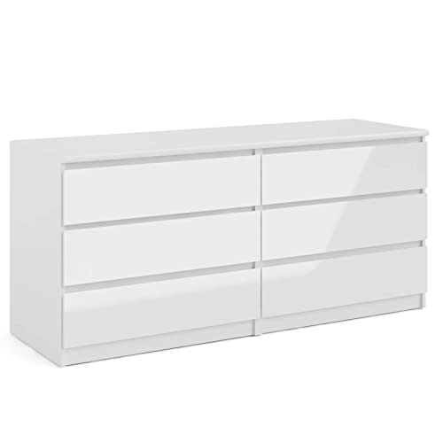 6 Drawer 60.5" W Double Dresser In White High Gloss Color, White Dressers For Bedroom, Affordable Bedroom Furniture, Large Dresser, Dimensions Overall: 27.6'' H X 60.55'' W X 19.69'' D #TOP3
