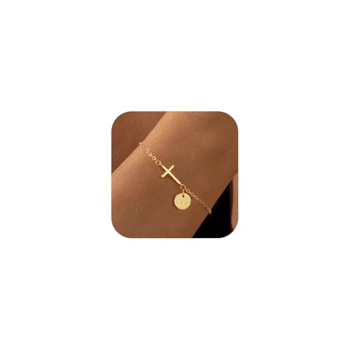 VIROMY Pulseras de Oro Para Mujer Delicada Cadena de Cruz Chapada en Oro de 14K Quilates Pulsera con Dije de Inicial para Mujer(W)