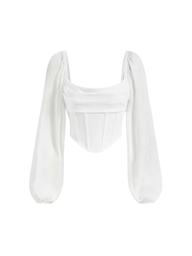 WDIRARA Women's Square Neck Mesh Long Sleeve Corset Crop Tops Vintage Blouse White Medium
