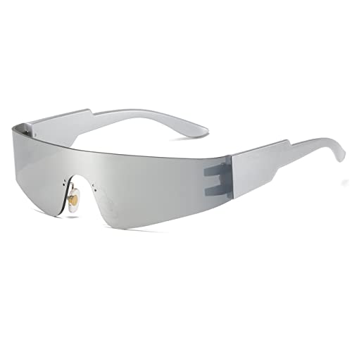 Trendy Rimless Wrap Around Sunglasses Women Men Cyberpunk Y2k Glasses Futuristic Mirrored Shades AZ9597