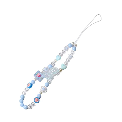 Beaded Kawaii Bear Phone Charm Lanyard Wristband Colorful Flower Charm Anti-Loss Chain Accessories Sweet Gift-C Blue