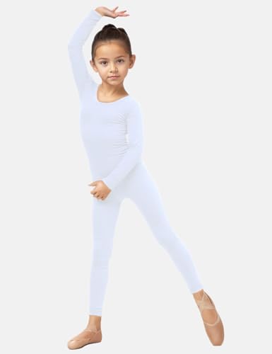 Wildarms Mädchen Langärmliger Tanz-Strumpfanzug – Körperumfassende Leotard für Ballett, Gymnastik, Performance und Kostüme (Weiß, 10-12)