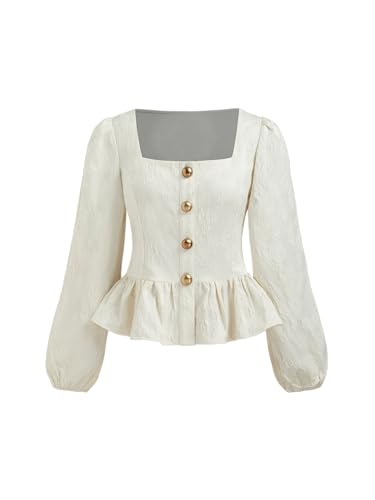 CIDER Long Sleeve Shirts for Women Floral Button Ruffle Hem Blouse Square Neck Elegant Blouse Casual Top