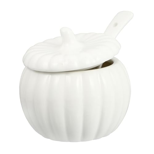 EPIGEIST Olla de Cerámica Blanca con Tapa y Cuchara Cazuela Creativa Forma de Calabaza Recipiente para Sopa y Guisos para Persona el Hogar
