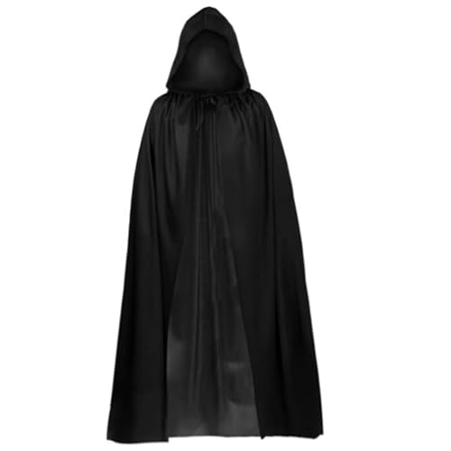 HORREX Capa Negra con Capucha, Capa Halloween Medieval Capucha Negra Carnaval, Disfraz Brujo Hombre Juego de rol Disfraz Halloween Adulto Vampiro para Baile de Máscaras Cosplay (90 cm)