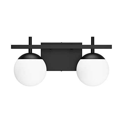 Image of Ralbay Matte Black Bathroom Light Fitures 2-Light Mid Century Modern Bathroom Light Fixture Matte Black Milky Glass Ball Wall Light Black 2 Light