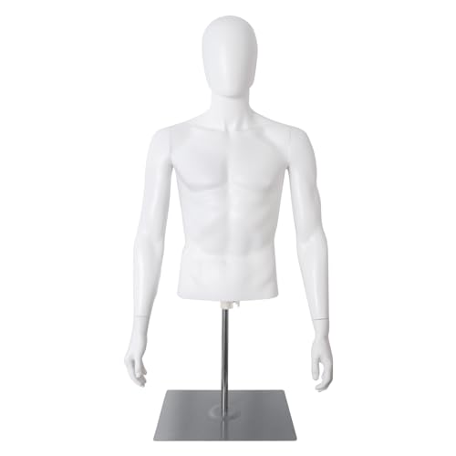 SHAREWIN Male Mannequin with Metal Stand Adjustable Plastic Half Body Display Mannequin Head for Retail Clothing Shops (White)