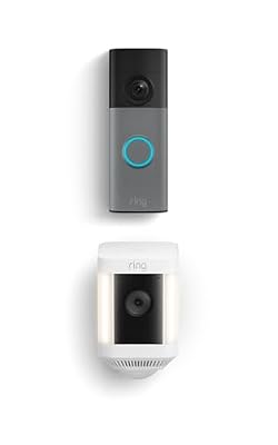 Ring Battery Doorbell (newest model), Speckled Gray with Ring Spotlight Cam Plus, Battery, White