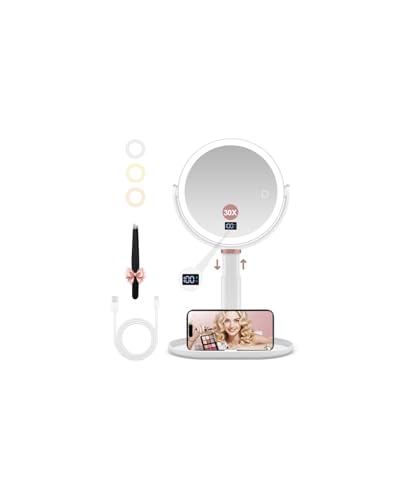 GOMIPURU Makeup Magnifying Mirror with Light 30X/1X, Digital Display, 2-Sided Touch Control, Makeup Mirror with 3 Color Lights,360° Rotate, Height Adjustable Lighted Magnifying Mirrors for Desk Travel