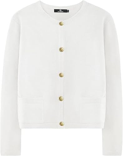 Women Striped Cardigan Sweaters Knitted Gold Buttons Crew Neck Sweater with Pocket Cropped Knit Lady Casual Jackets Coat