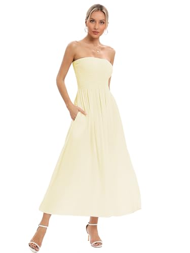 Image of Aigeman Women Strapless Tube Maxi Dress Flowy Swing Long Beach Sundress Sleeveless Boho Summer Dress with Pokets 330