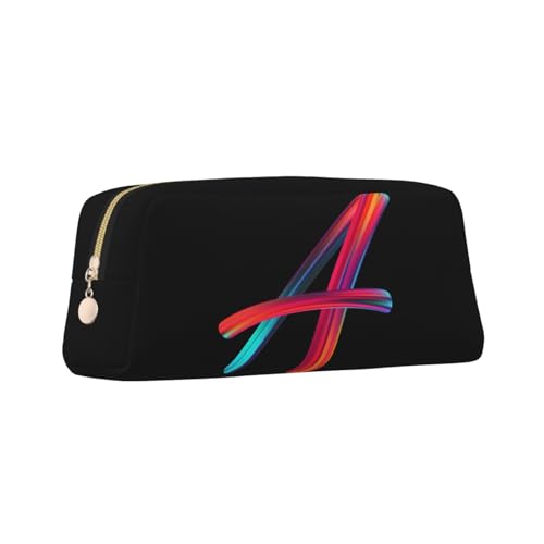 Image of Cute Initial Pencil Case for Kids Simple Leather Pencil Pouch for Boys Girls Letter Design Pencil Box Pen Bag Pencil Pouch Office Stationery Organizer, Rainbow Letter A