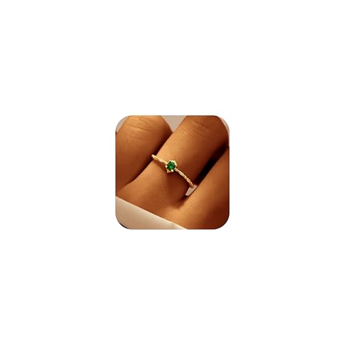 Emerald Green Engagement Ring for Women Mother, 925 Sterling Silver Dainty Green Birthstone Ring to Daughter 14K Gold Plated CZ Promise Ring Birthdays Wedding Season Christmas Jewelry Gift for Her
