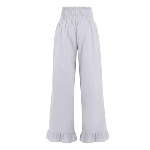 Image of Palazzo Pants for Women Linen Smocked Elastic Waist Ruffle Wide Leg Pants Summer Beach Flowy Boho Pant with Pockets