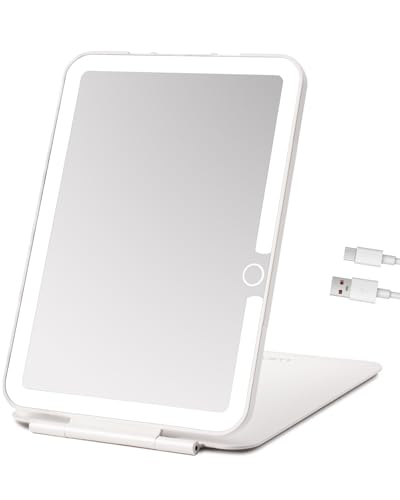 LUKYMIRO Travel Mirror with Light,7x5 inch Rechargeable Portable Lighted Makeup Mirror,3 Color Lighting Adjust Brightness,Tabletop Folding LED Compact Mirror