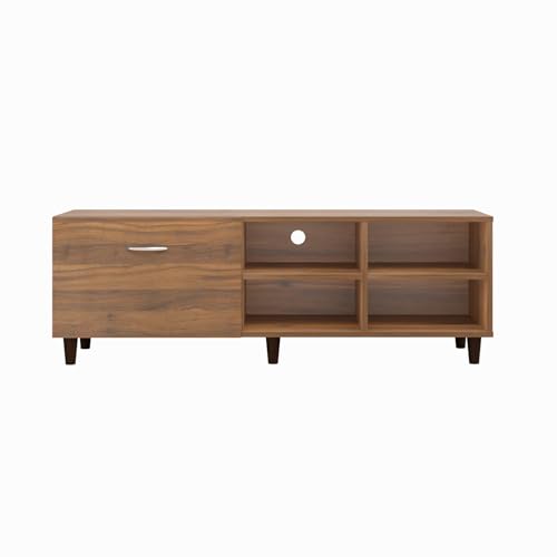 Image of VIKI Modern TV Unit for Living Room | Engineered Wood TV Cabinet with 1 Drawer Storage & 2 Open Shelves, Set Top Box Stand, Entertainment Unit, 140W x 48H x 40D cm | DIY | 1 Year Warranty (Walnut)