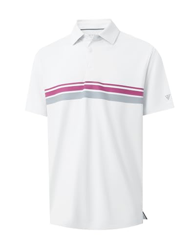 M MAELREG Golf Polo Shirts for Men Chest Striped Print Business Casual Collared Moisture Wicking Dry Fit Golf Polos White