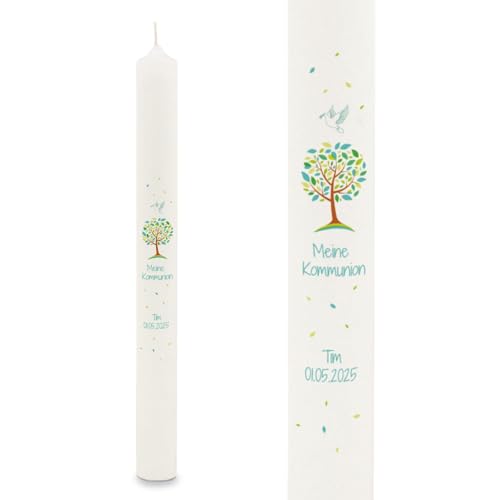 GRAVURZEILE Vela con diseño de árbol de la vida, personalizable con nombre y fecha, regalo para bautizo, comunión o confirmación, para niños y niñas, 400/40 mm, color verde