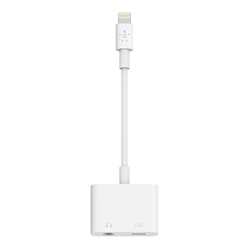 Belkin F8J212BTWHT Lightning & 3.5mm Audio Dual Adapter, Compatible with iPhone 14/13 / 12 / SE / 11 / XR, MFi Certified, Earphones & Charge Simultaneously, Data Transfer, White