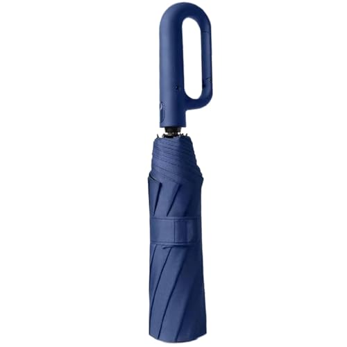 Parapluie pliable automatique coupe-vent avec poignée mousqueton, bleu compact