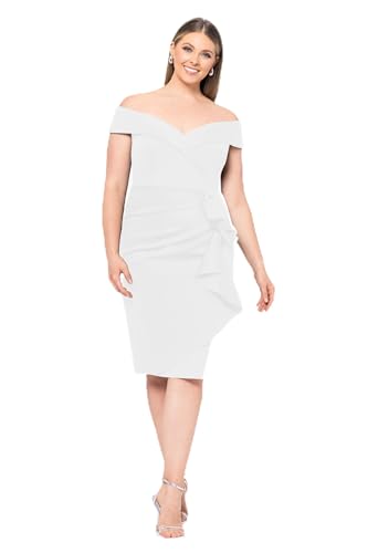 Xscape Women's Plus Short Scuba Off-The-Shoulder Ruffle Midi Dress with Center Back Zipper, Ivory, 14W