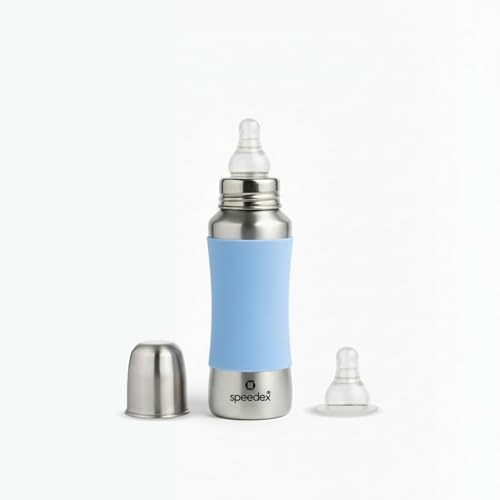 Image of SPEEDEX Stainless Steel Baby Feeding Bottle 240 ml with Blue Silicone Grip & Internal ML Marking | BPA & Plastic Free | Anti-Colic Silicone Nipple | 304 Grade Steel Infant Milk Bottle | Leak Resistant (240ml)