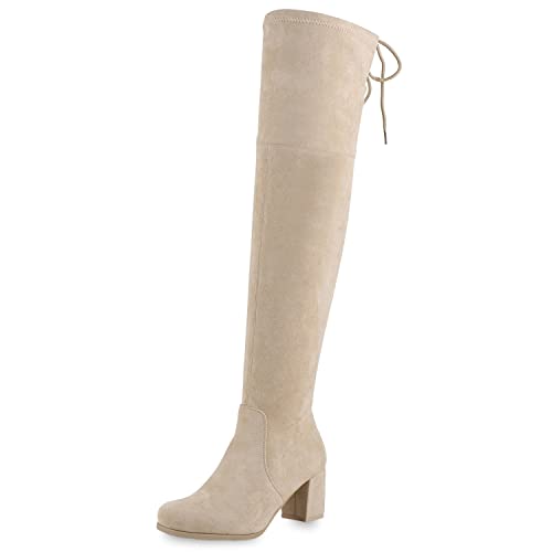 VAN HILL Damen Overknees Stiefel Blockabsatz Schuhe Basic Langschaftstiefel...