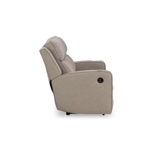 Image of Signature Design by Ashley Wall Hugger Reclining Sofa with Drop Down Table | Pebble gray faux leather, Contrast jumbo stitching, Drop down table with USB ports, 3 in wall distance, Lavenhorne Series