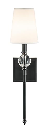Image of XiNBEi Lighting Black Bathroom Sconces Set of 2 with Crystal Ball Accent | White Fabric Shade, Torch Indoor Wall Light Fixture, Hardwired, For Bedroom Bedside Living Room Kitchen Entryway Stairway