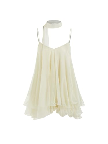 CIDER Women Sequin V Neck Halter Mini Dress with Scarf: Beige, L