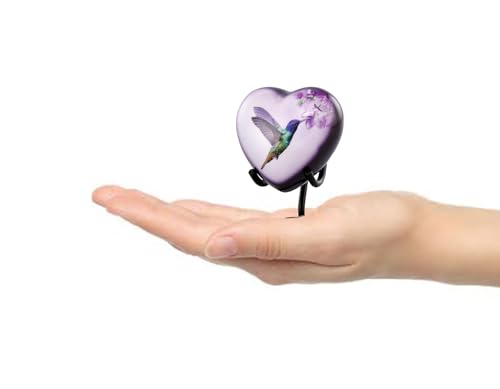 Hummingbird Heart Keepsake Urn, Hummingbird Mini Heart Urn for Ashes, Hand Painted Sharing Heart Urn with Stand, Velvet Case & Bag (Heart Keepsake)
