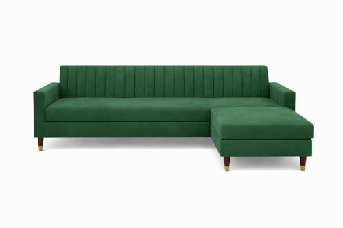 Image of Wooden L Shape Sofa 4 Seater with Ottoman | Velvet Fabric Upholstery | Modern Sectional Wooden Frame Couch for Living Room, Home & Office (Green)