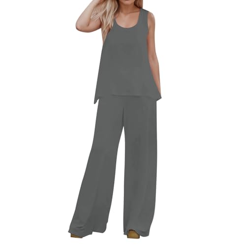 GOSEAGOTOFUN Summer Outfits for Women 2 Piece Set Party Outfits Sleeveless Crewneck Top Wide Leg Pants Vacation Loungewear