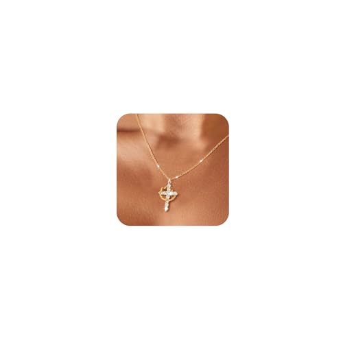 Cross Necklace for Women - Dainty Necklaces Trendy Small 14K Gold Plated Hypoallergenic Infinity Crown Cross Cubic Zirconia Pendant Box Rope Chain Necklace for Women Non Tarnish Jewelry Gift