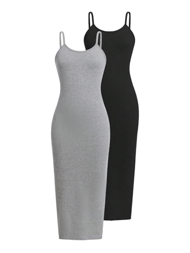 SHENHE Girl's 2 Pack Bodycon Maxi Dress Spaghetti Strap Casual Sleeveless Long Slip Dress