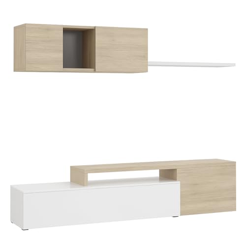 Bricozone Parete Attrezzata Moderna Soggiorno Design Contemporaneo Reversibile Con Mobile Porta Tv Pensile E Mensola In Pannello Melaminico Ideale Per Arredo Zona Living (Rovere e Bianco)