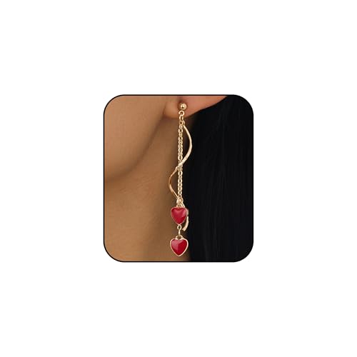 Valentines Earrings Double Love Heart Drop Earrings for Women Red Heart Stud Earring Mothers Day Valentines Day Jewelry Accessories for Her (Chain)