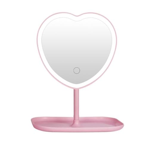 Vanity Mirror Heart-Shaped Makeup Mirror with Three-Level Dimming and LED Lights Plastic Double Sided Rotatable Tabletop Cosmetic Looking Glass for Girls Beauty Routine (Pink)