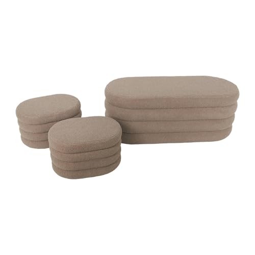 sweeek - Banc Coffre en bouclettes Taupe avec 2 poufs ovales de Rangement intégrés - L111cm