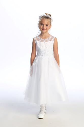Holy Catholic First Communion Dress for Girls w/a Satin Top, Appliques, Sequins & Pearls & Tulle Skirt2