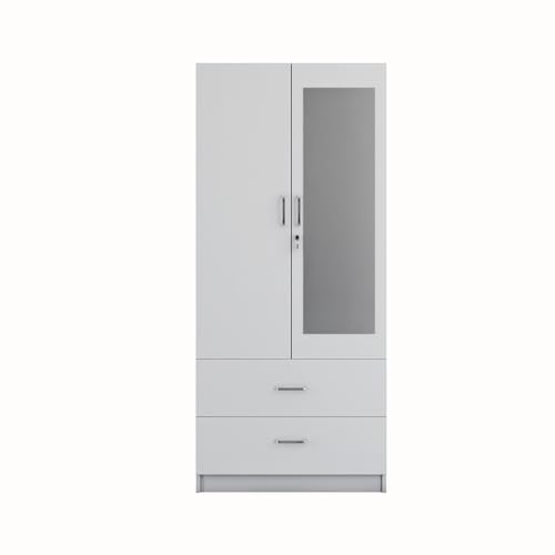 Image of VIKI Wardrobe | Albarracin Wardrobe | Wooden Almirah for 2 Door Wardrobe with 2 Drawer & Hanging Space with Mirror (Frosty White - 40D x 80W x 180.8H) | 1 Year Warranty | Free Assembly