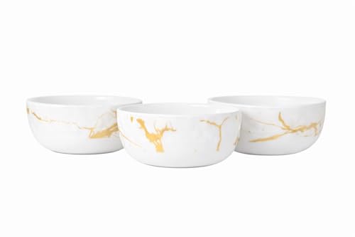 Image of Ariya 4.5 Inch Melamine Soup Bowls Set of 3 (350 ml) | White /Gold | Serving Bowls for Soup, Salad, Noodles, Pasta, Oatmeal | Durable & Stylish Dinnerware for Daily & Special Use