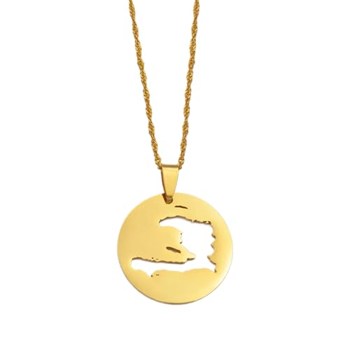 Collier en or jaune 14 carats avec pendentif carte d'Haïti pour homme et femme – Argent sterling 925 – Collier avec chaîne et pendentif Haïti – Bijoux cadeaux pour femmes et hommes, 45cm Chain, Argent