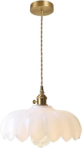 Glas Hängande Ljusarmaturer Medium 9,8 tums Lampskärm Guld Mässing Finish och Switch Vintage Hängande Taklampa Koppar Hängande Belysning (Mjölkvit)